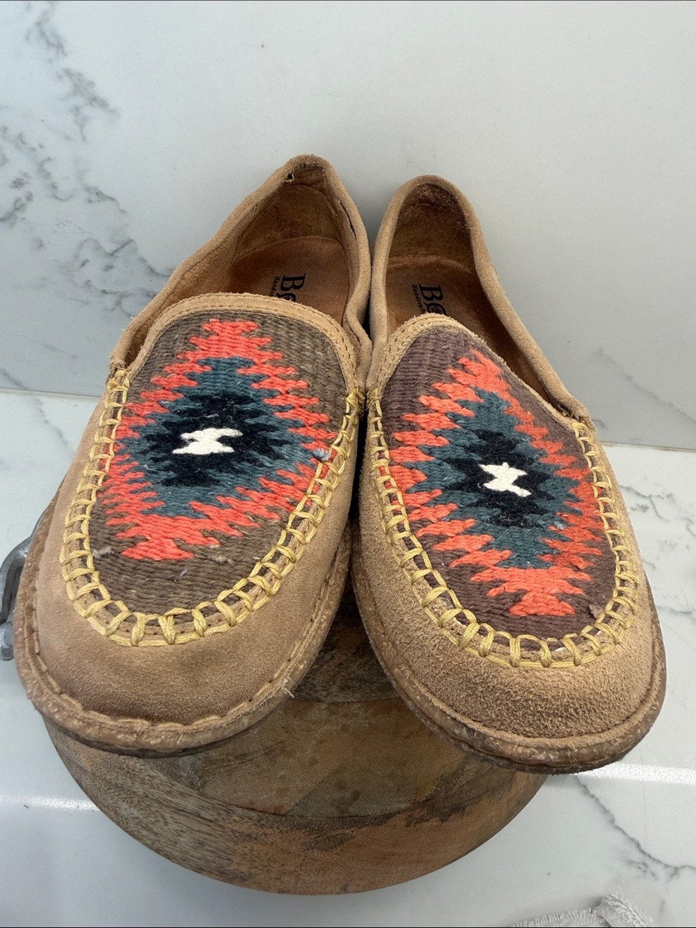 Born Brown Suede Moccasins with Red and Teal Southwestern Weave